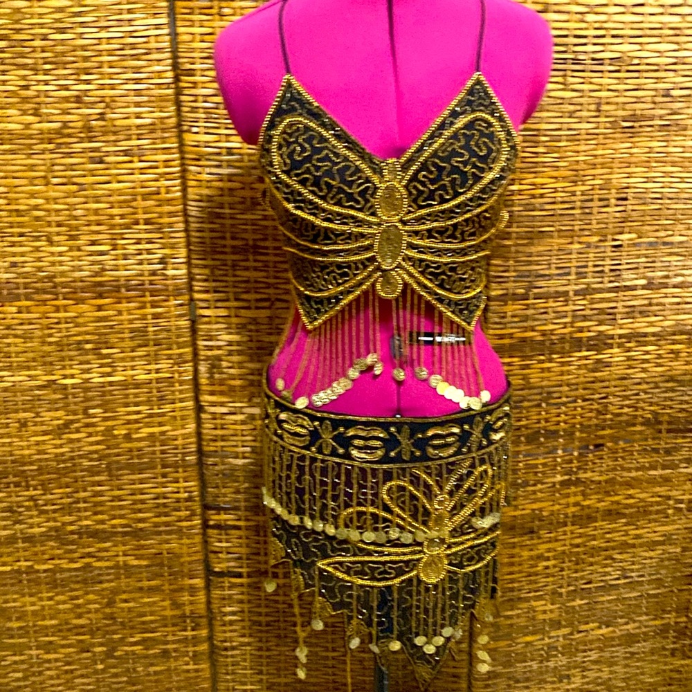 Black and Gold Beaded Fringe Crop Top & Skirt Set